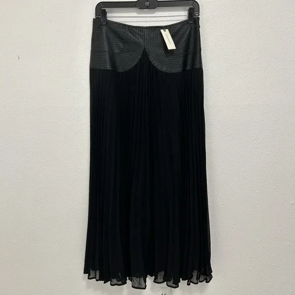 Anthropologie Maxi Skirt Faux‎ Leather Sheer Overlay Pleated Sz 6 Boho Goth Chic - Picture 2 of 10